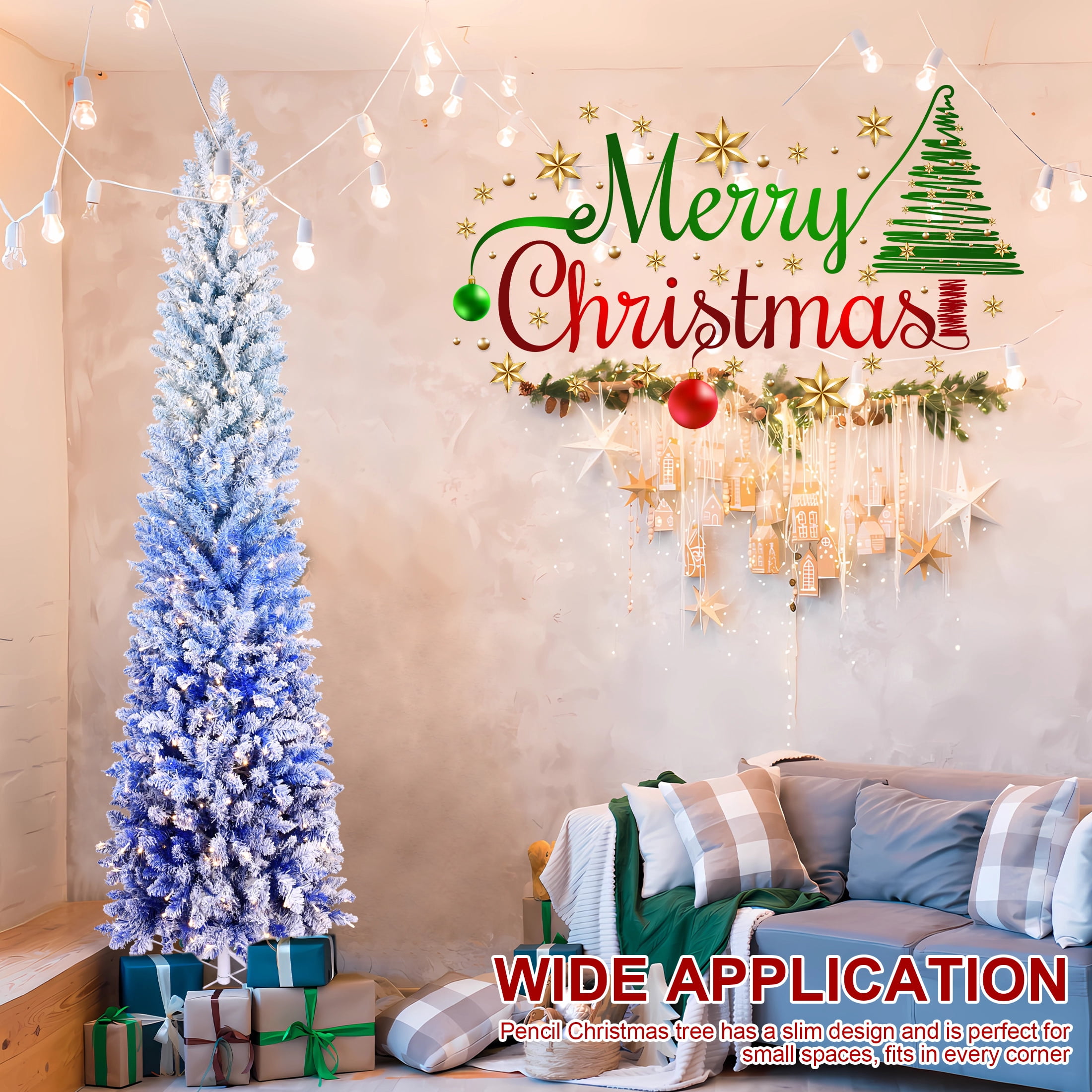 6ft Blue Gradient Flocked Pencil Christmas Tree 725 Tips 300 LED Lights Hinged Branches Metal Stand
