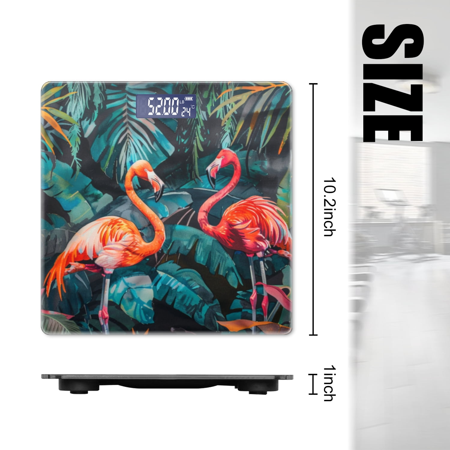 Bathroom Scale, Highly Accurate Digital Body Scale,Precisely Measures Weight up to 400 lbs-Tropical Jungle, Two Pink Flamingos In Black Background