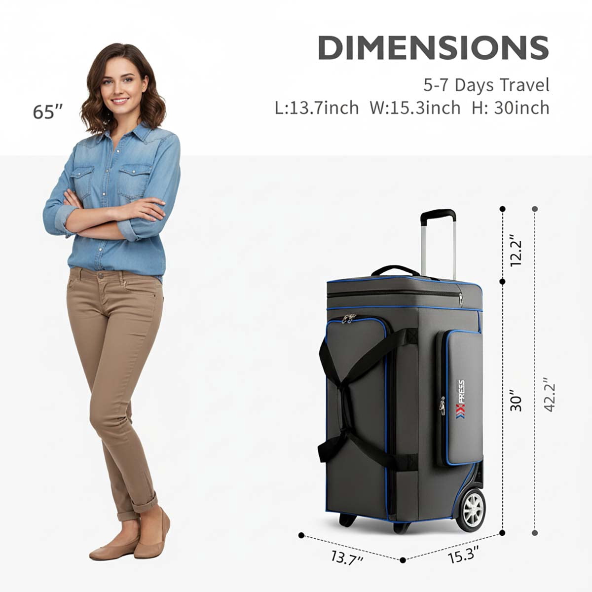 30 Inch Rolling Duffle Bag  with Telescopic Handle Large Capacity Soft Wheeled Travel Luggage Bag for Men & Women,JB-30-Grey