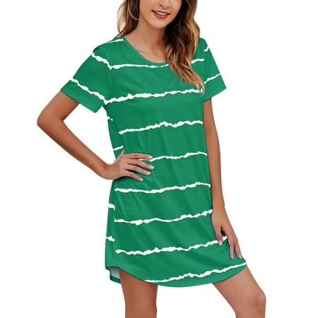 GHSOHS Robes for Women Night Lingerie Dress Sexy Pajamas Womens Short Sleeve Striped Printing Sleepshirt Scoopneck Cute Nightdress Comfy Nightgown Dress Sleepwear Robe Pajamas
