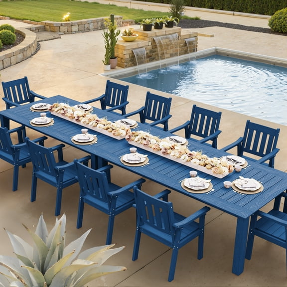 WINSOON 12-Piece HIPS All Weather Outdoor Patio Dining Sets with Umbrella Hole& Aluminum Frame,2-Table 10-Chairs(Navy)