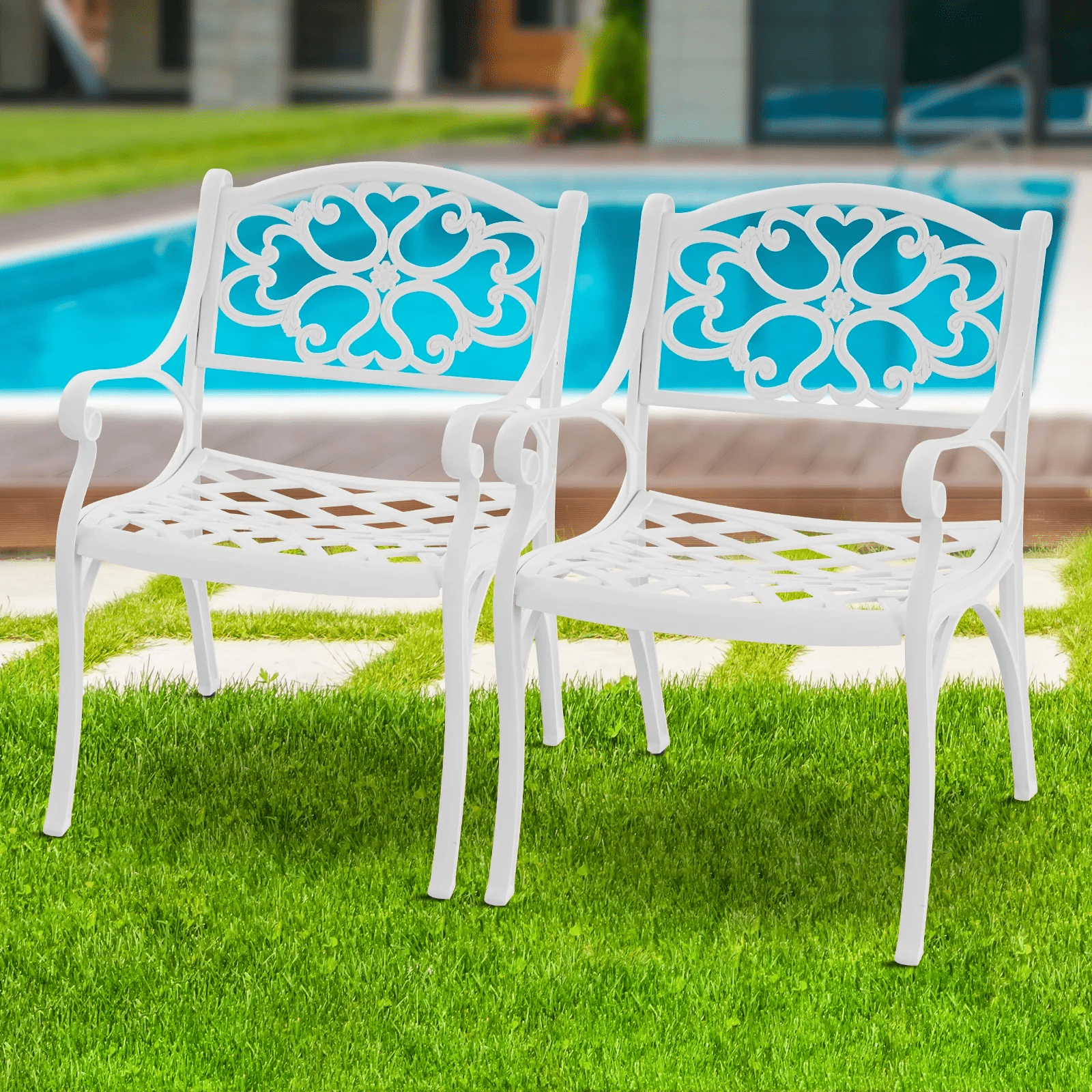 PATIO-IN Cast Aluminum Patio Chair Set of 2 with Armrests, White Metal Bistro Chairs, Outdoor Patio Dining Chairs for Garden, Porch, Poolside