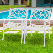 PATIO-IN Cast Aluminum Patio Chair Set of 2 with Armrests, White Metal Bistro Chairs, Outdoor Patio Dining Chairs for Garden, Porch, Poolside