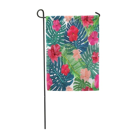 SIDONKU Green Floral Colorful Tropical Flowers and Leaves on Orange Garden Flag Decorative Flag House Banner 28x40 inch