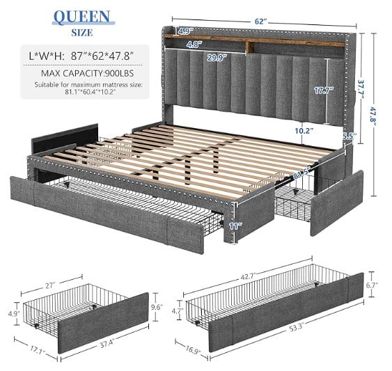 EnHomee Upholstered Queen Bed Frame with 3 Drawers, Noise Free, Metal & Wood Support, Gray  (图4)