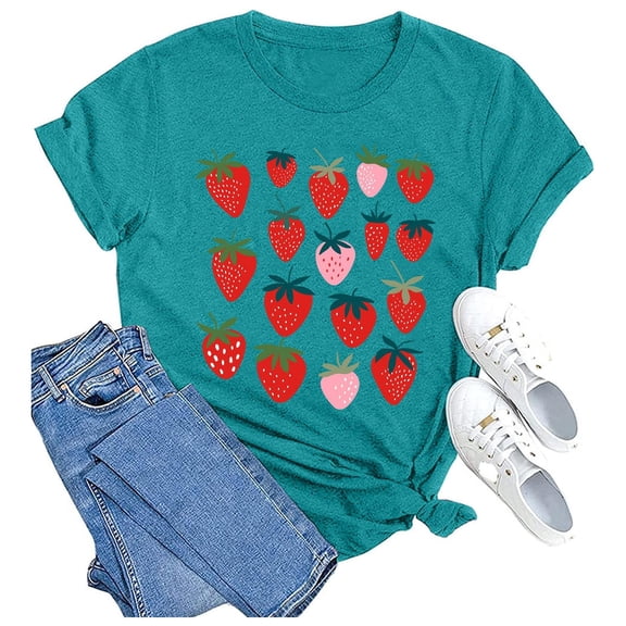 Women Oversized T Shirt Crew Neck Strawberry Print Tee Casual Summer Short Sleeve Tops