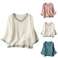 thumbnail image 3 of Lovskoo 2024 Women's Summer Cotton and Linen Shirts Vintage Embroidery Round Neck 3/4 Short Sleeve Womens Tops Trendy Blouses Blue XL, 3 of 3