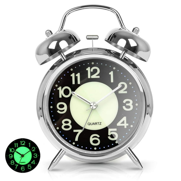 AYRELY® Reloj despertador súper ruidoso para adultos que duermen mucho, doble campana retro de 4 pulgadas, silencioso, de cuarzo, sin tictac, con retroiluminación, esfera luminosa, despertadores para