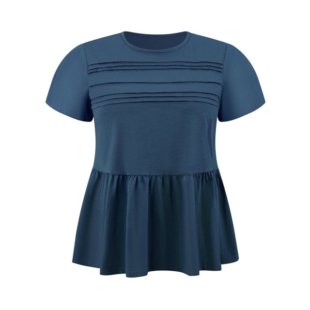 GRACE & GRANDEUR Blusas de Verano Casual y de Moda para Mujeres Talla Grande con Peplum y Mangas con Volantes, Cuello Redondo, Frente Plisado, 1X Azul Oscuro