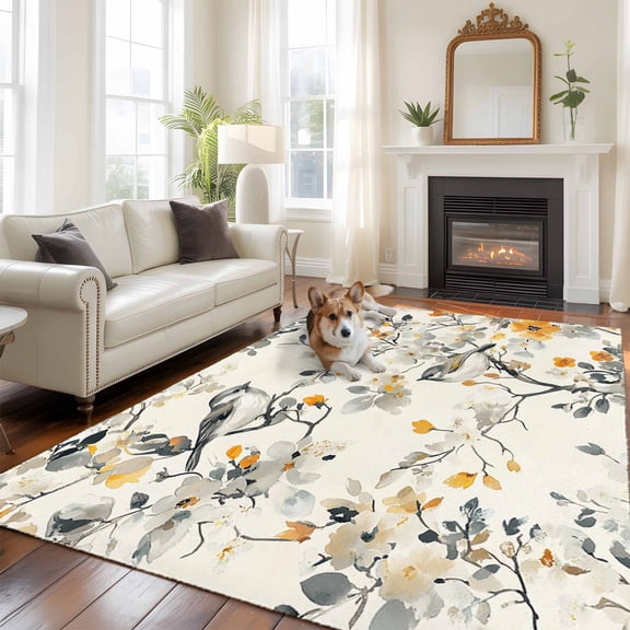5'x8' Area Rugs, Yellow Grey Botanical Indoor Outdoor Area Rug for Living Room Bedroom, Spring Floral Birds Vintage Washable Bathroom Rugs Kitchen Floor Carpet Mats Home Decor Aesthetic