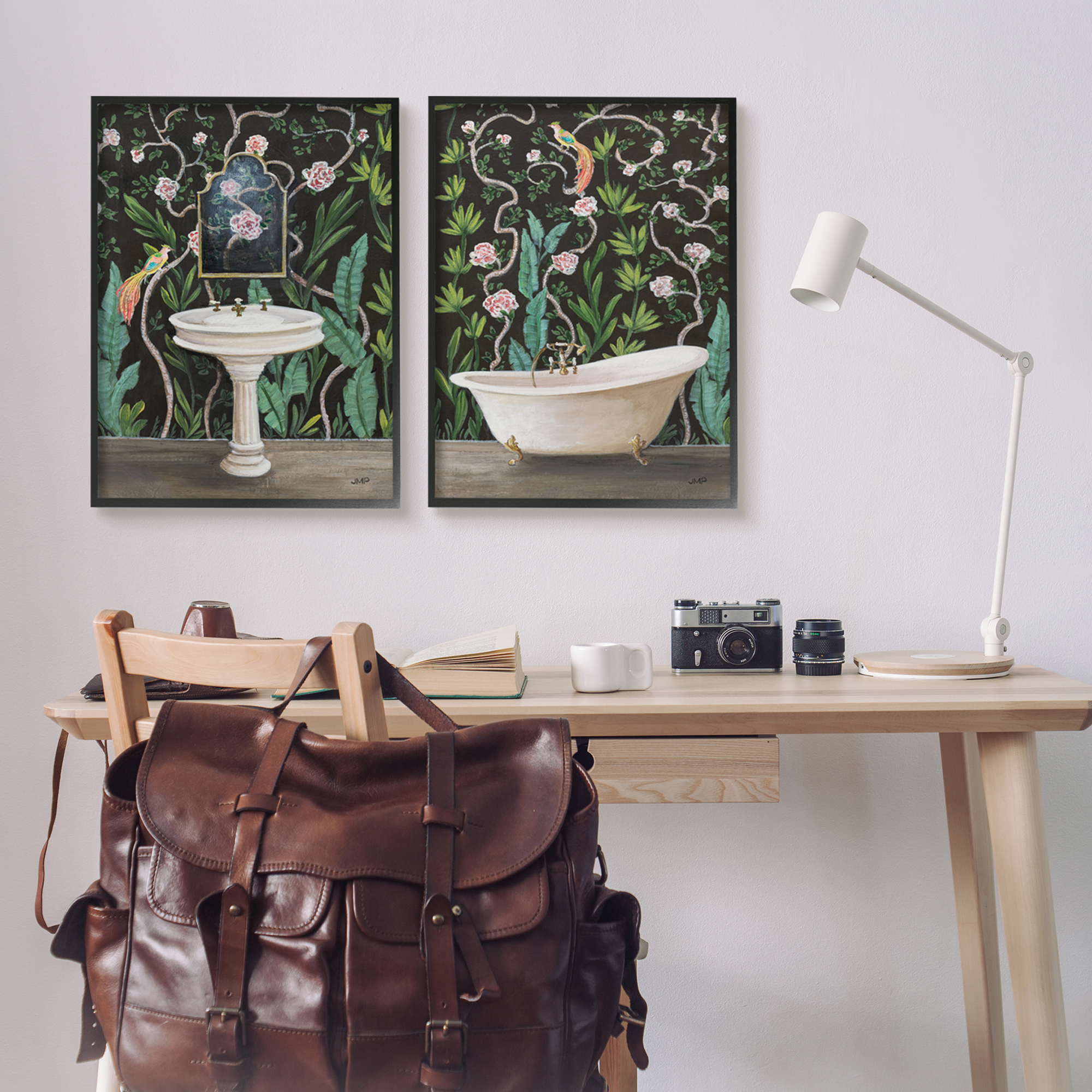 Stupell Industries Tropical Patterned Bathroom Botanical & Floral Painting Black Framed Art Print Wall Art, 24 x 30, Set of 2