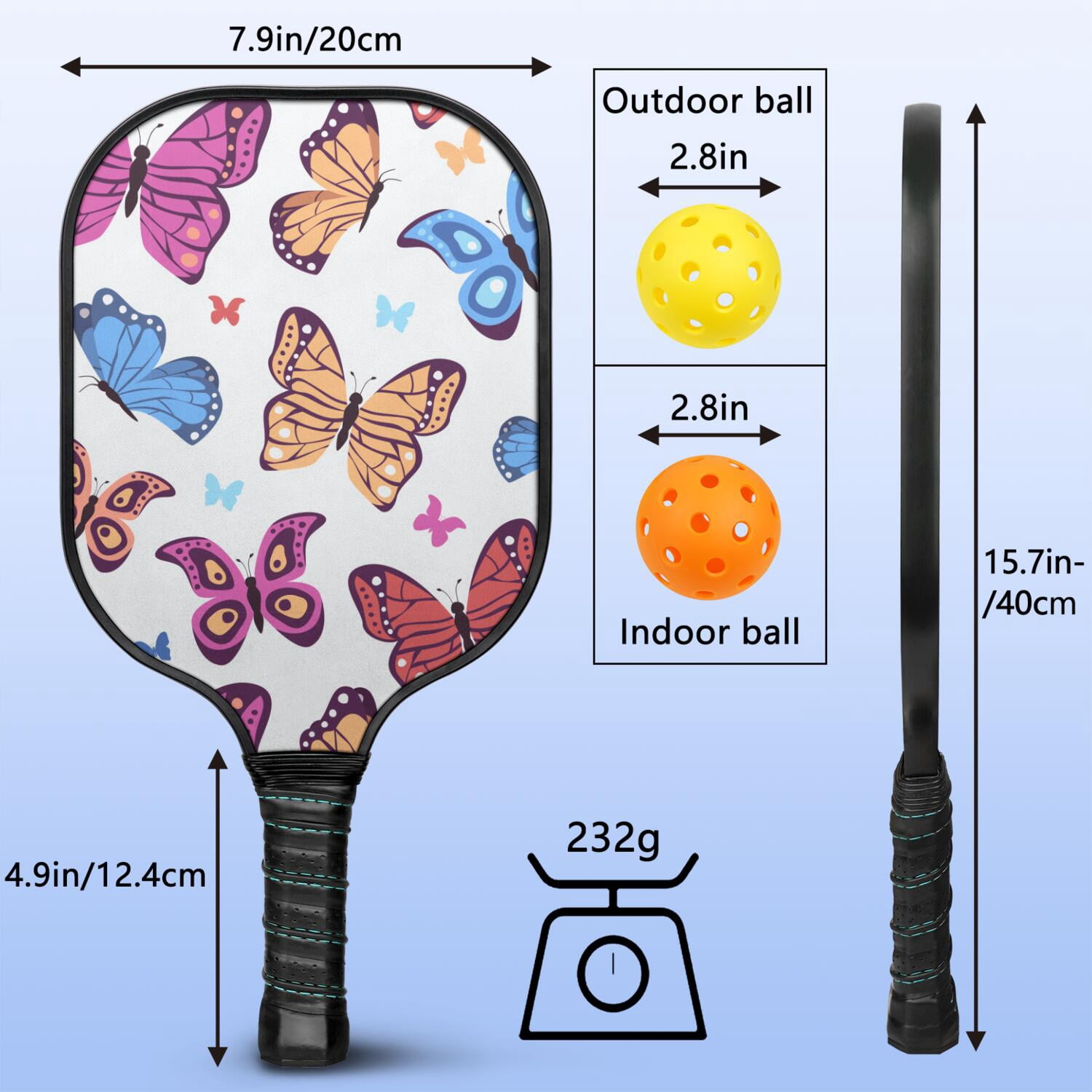 Pickleball Paddles Set Of 2, Fiberglass Surface, Vintage Floral & Butterfly, 4 Balls & Bag