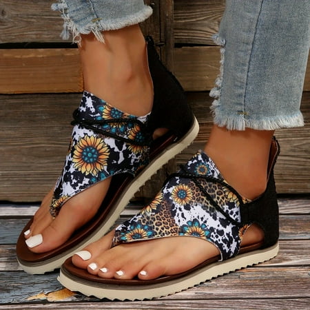 

HOLEX 2024 Women s Sunflower Printed Flat Sandals Open Toe Back Zipper Thong Canvas Shoes Casual Anti-skid Sandals