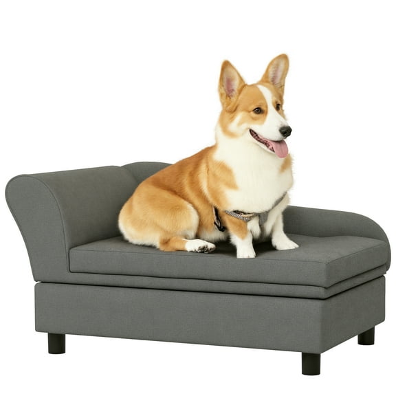 E-Western Pet Sofa for Small & Medium Dogs, Elevated Couch with Hidden Storage, Soft Tufted Cushion, Gray