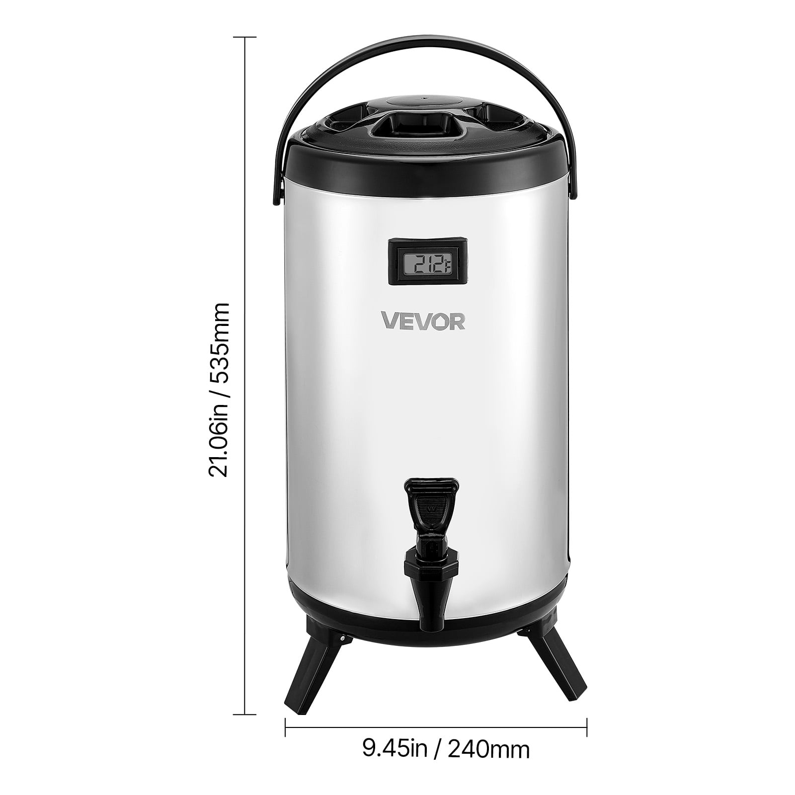 VEVOR Insulated Beverage Dispenser, 2.4 Gal/9.2L Stainless Steel Thermal Drink Server with Spigot & Temp Display, Suitable for Hot and Cold Drinks, for Tea Coffee Water in Cafes & Restaurants, Silver