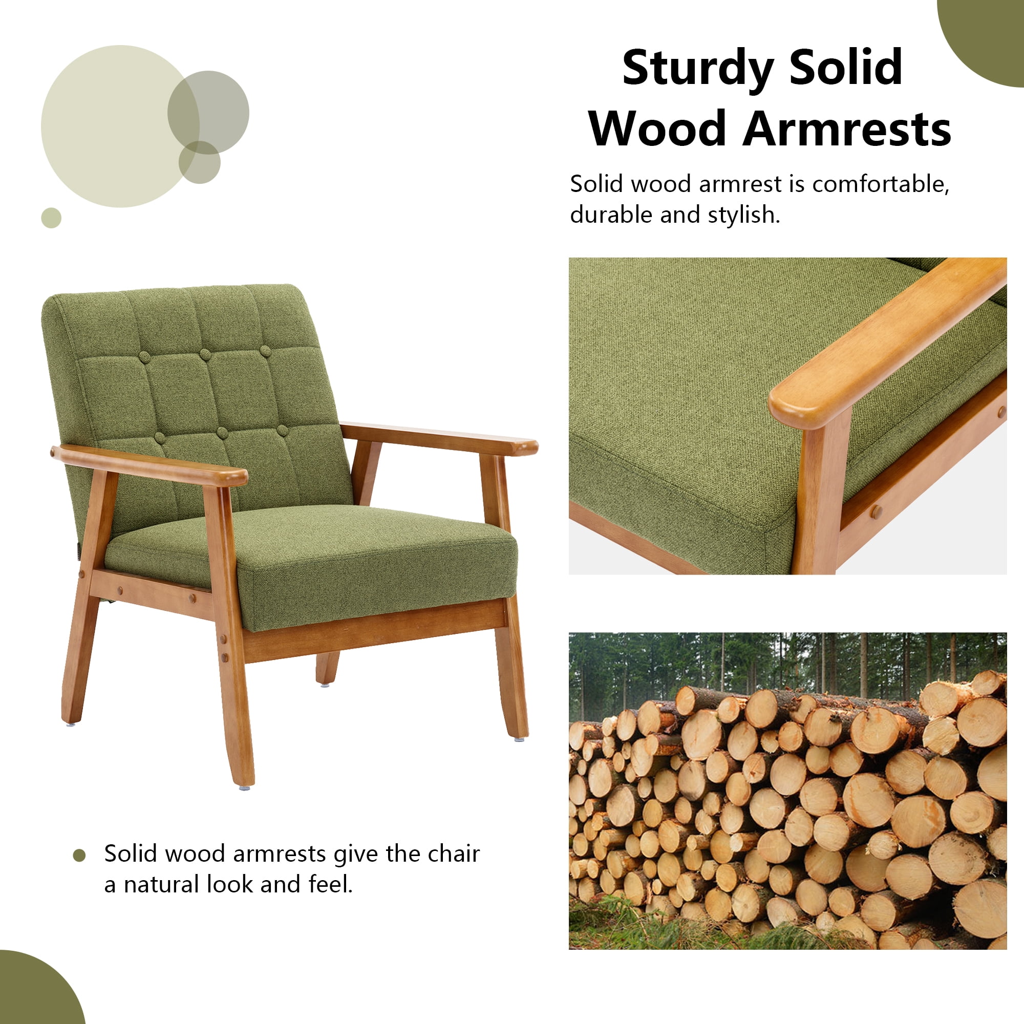 Miniyam Mid Century Modern Accent Chair with Wood Frame,Linen Fabric Single Reading Chair,Armchair for Living Room Bedroom Home Belcony Office,Green