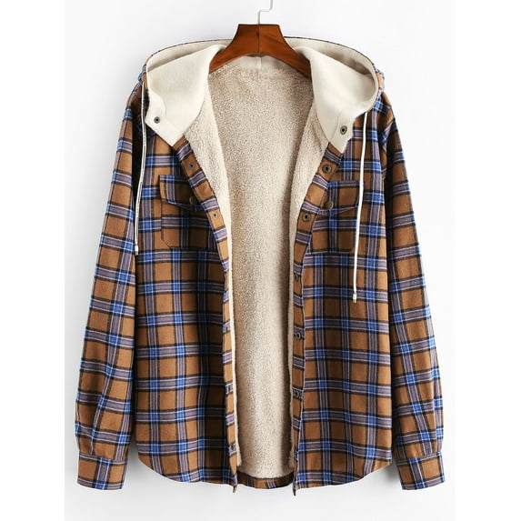 ZAFUL Men's Long Sleeve Hoodie Jacket Flannel Plaid Button Down Shirts Casual Jacket Camel brown M