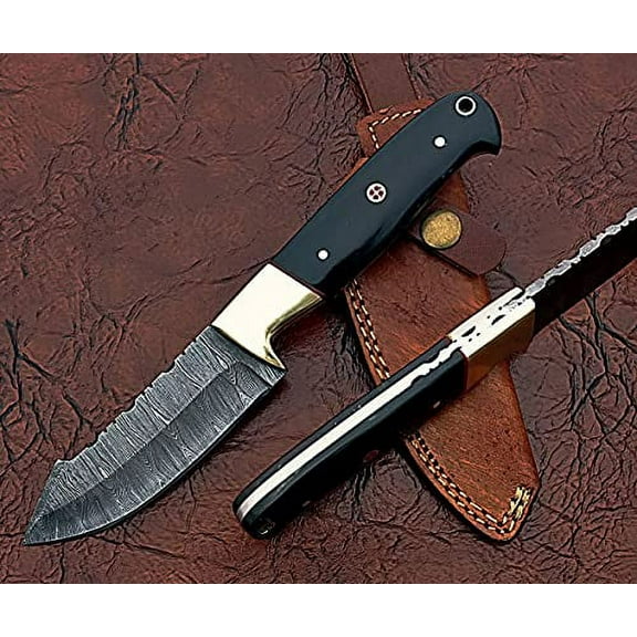 9" Long Modified Trailing Point Blade Skinning Knife, Hand Forged Ladder Pattern Damascus Steel Full Tang Blade, Bull Horn Scale with Brass Bolster, Cow Leather Sheath
