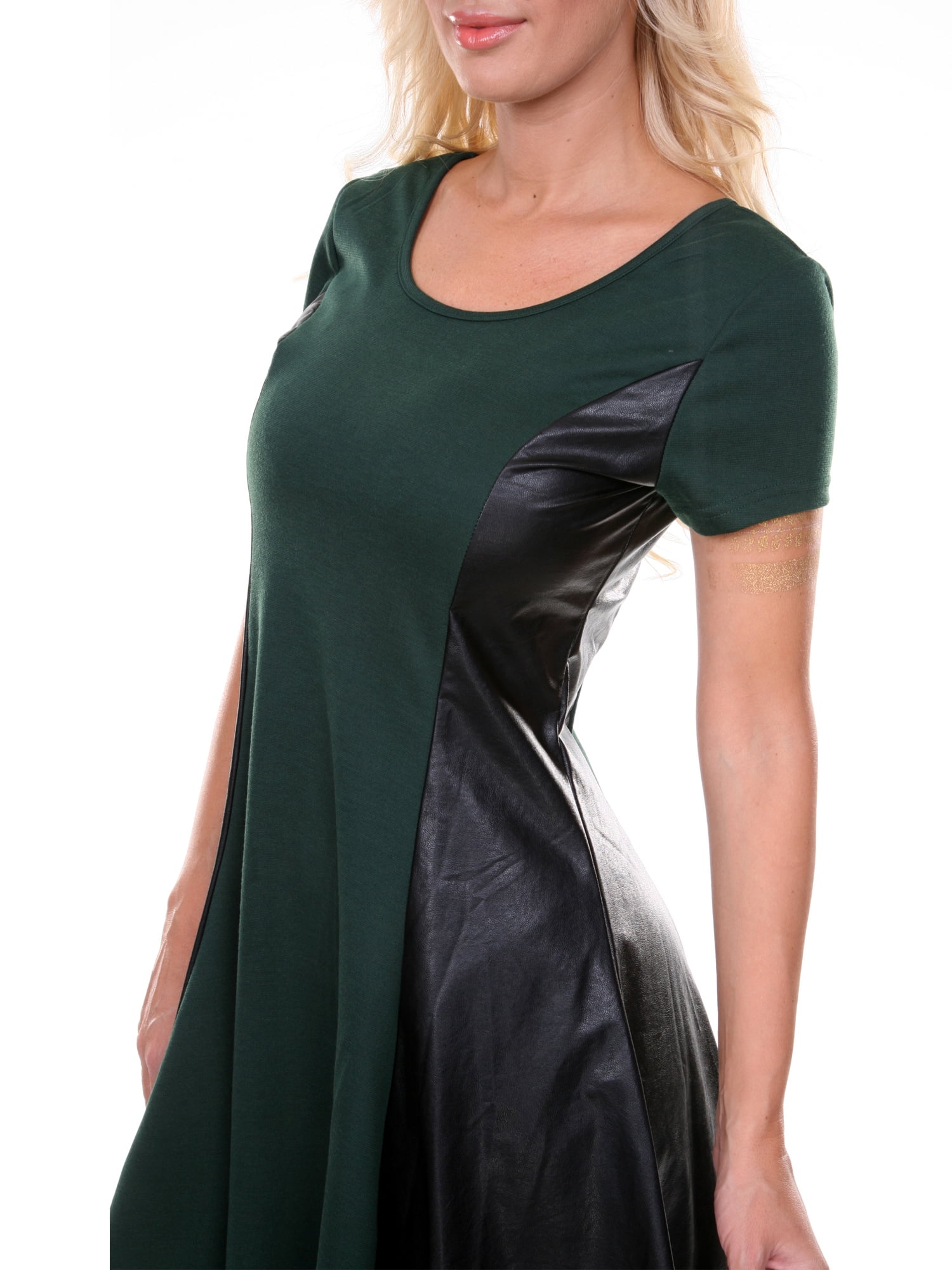 White Mark Women's Leather Panel Fit and Flare Dress