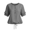 thumbnail image 6 of LEKWK Womens Linen Blouse Ruffle Sleeve Button Down Shirt Round Neck Tunic Tops Cute Tops Loose Fit Solid Soft Summer Casual Outfits, 6 of 7
