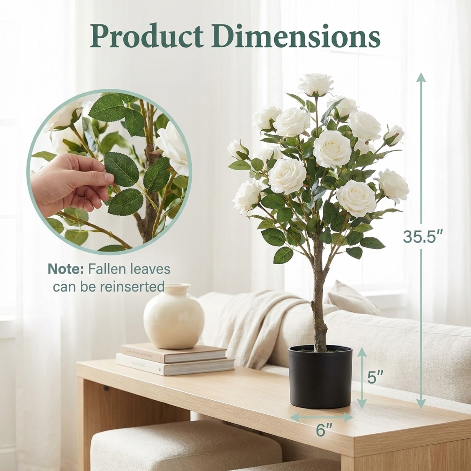 Vebreda Artificial Plant Decor, 35.5" Artificial Rose Tree with Blooming Flowers and Green Leaves for Indoor, Beautiful & Lifelike Rose Tree