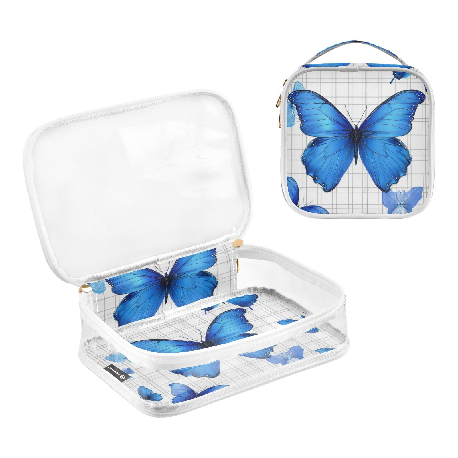 Clear Makeup Bags with Handle Large Opening 2 Pack Set Toiletry Bag Quart Size Bag, for Women Man Traveling Travel Essentials, Toiletries and Other. Blue Butterfly