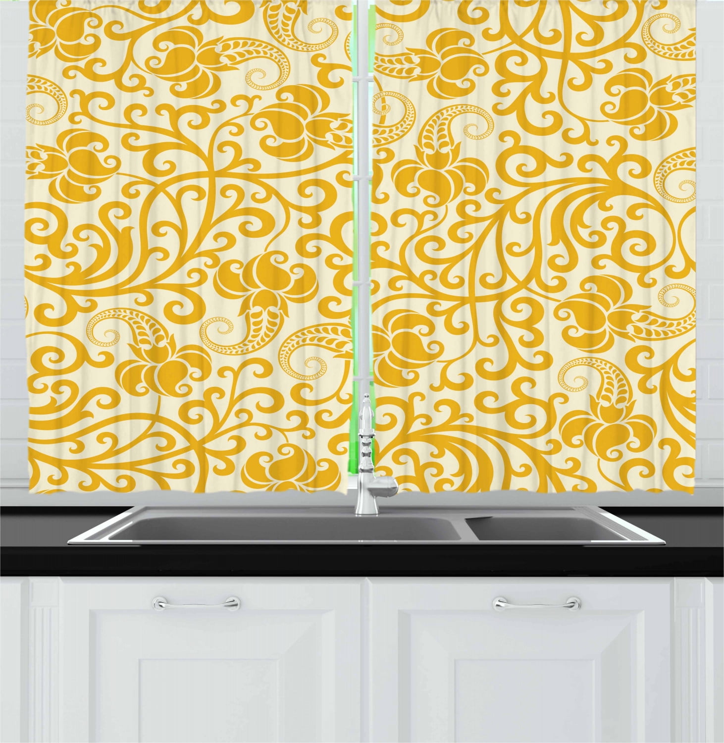 Art Nouveau Curtains 2 Panels Set, Arabesque Rococo Style Curved Spring Blooms Branches Leaves Boho, Window Drapes for Living Room Bedroom, 55W X 39L Inches, Pale Yellow Earth Yellow, by Ambesonne