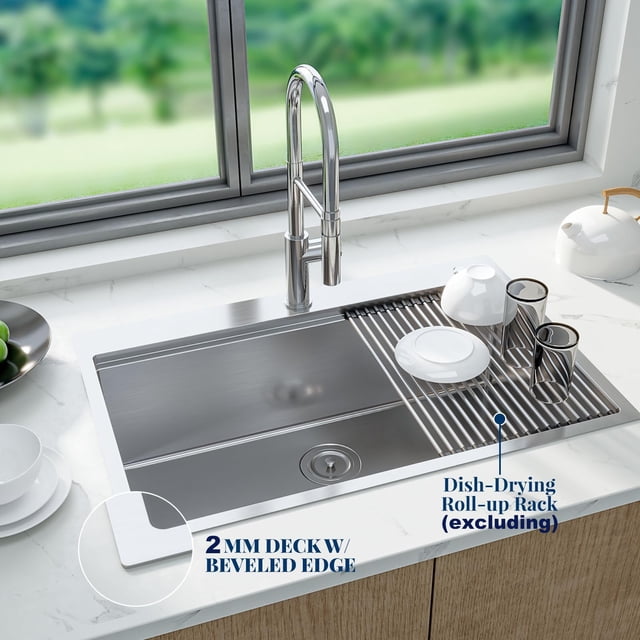 Kojooin Stainless Steel 304 Drop-In Kitchen Sink, Handmade Brushed Finish Sink with Cutting Board, Dish Rack and Bottom Mat