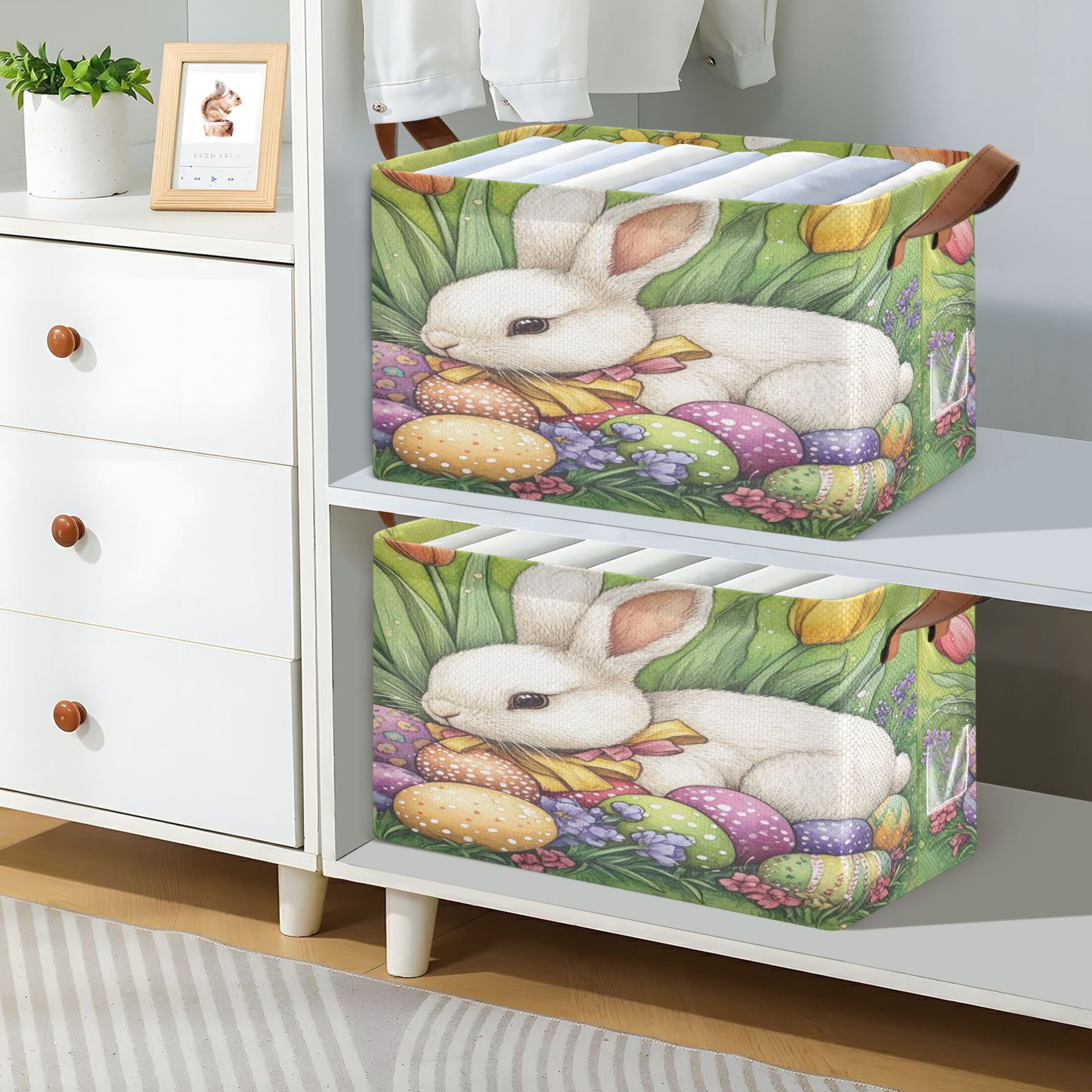 WOBOGO Easter White Bunny Storage Basket 16.9×11.4×10in Collapsible Oversized with Metal Iron Frame Set of 1