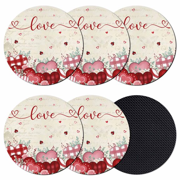 Pink Valentines Coasters Set of 6, Absorbent Coasters for Drinks, Vintage Love Heart Eucalyptus Botanical Coaster for Desk Coffee Table Protection, Home Decor House Warming Gifts 4"