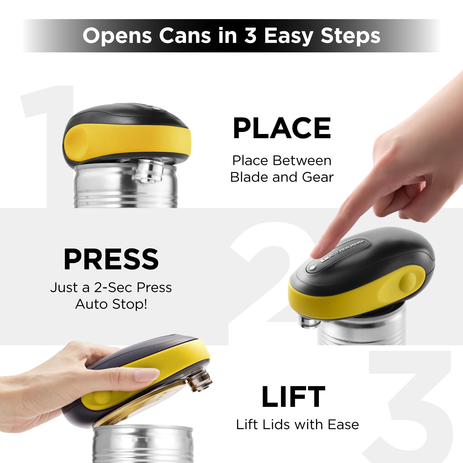 Kitchen Mama One-To-Go Electric Can Opener : Auto Stop, Smooth Edge, Battery Operated (Yellow)