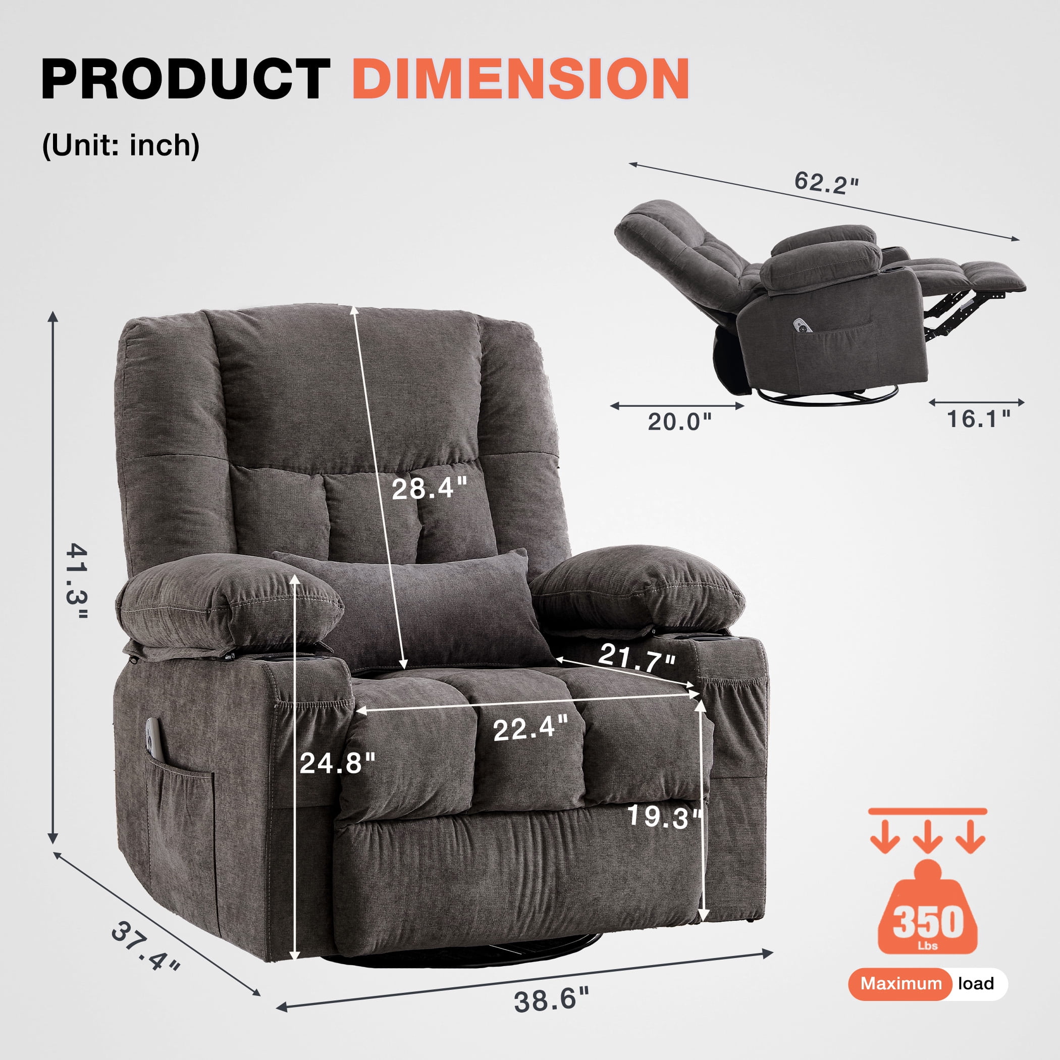 Oversized Massage Recliner Chair for Elderly,Modern Living Room Electric Rocking & Reclining Chairs with with Heat, 8-Point Vibration,USB Charger and Cup Holders, Plush Velvet Single Sofa, Grey