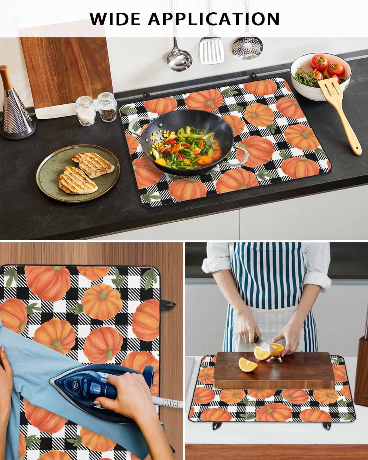 Large Induction Cooktop Protector Mat Thanksgiving Stove Top Covers for Electric Stove, Fall Orange Pumpkin Black White Plaid Decorative Stove Burner Cover Mats, Glass Top Stove Cover