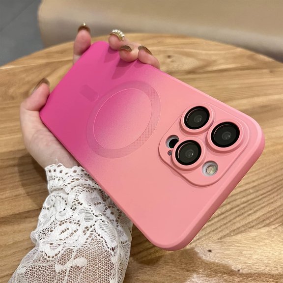 for iPhone 13 Pro Max Magnetic Silicone Case with Camera Lens Protector, [Compatible with Magsafe] Luxury Gradient Color Cover for Women Girls Shockproof Protective Phone Case-Pink