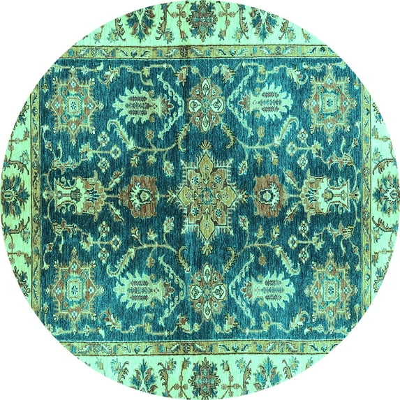 Ahgly Company Machine Washable Indoor Round Oriental Turquoise Blue Traditional Area Rugs, 6' Round