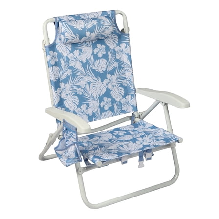 Mainstays Oversized Reclining Beach Chair with Backpack Straps, Blue Palm Print