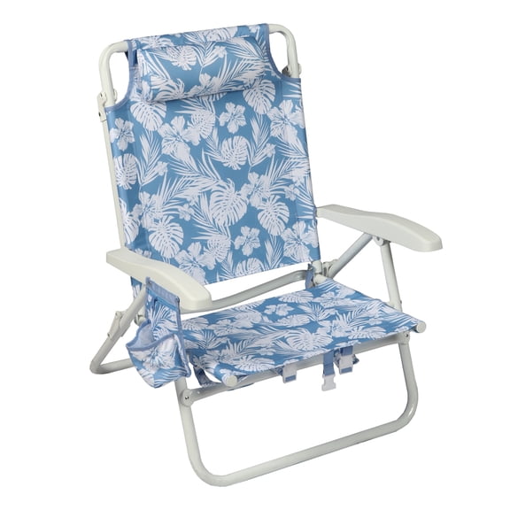 Mainstays Oversized Reclining Beach Chair with Backpack Straps, Blue Palm Print