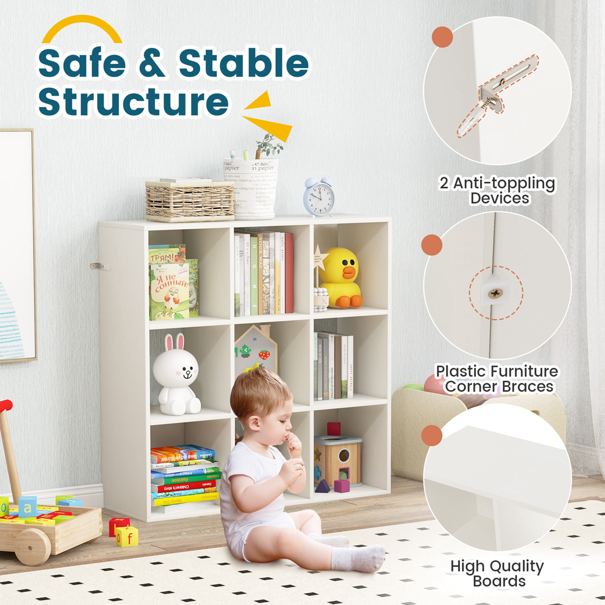 Costway 9-Cube Kids Toy Storage Organizer Wooden Children's Bookcase Display Bookshelf
