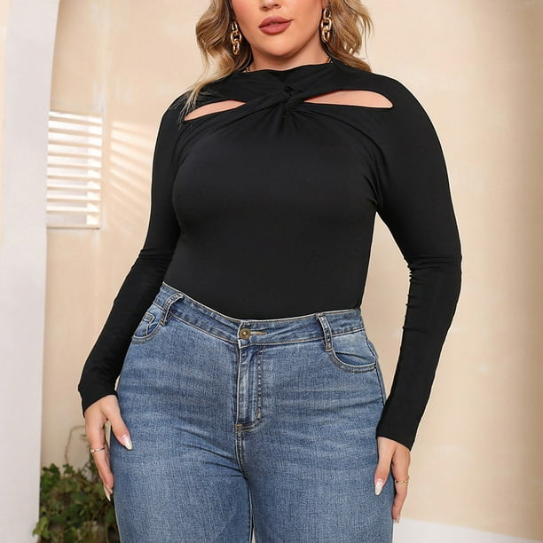 Plus Size Womens Long Sleeve Bluse Tops Loose T-Shirt Daily Solid Slim Walmart.com