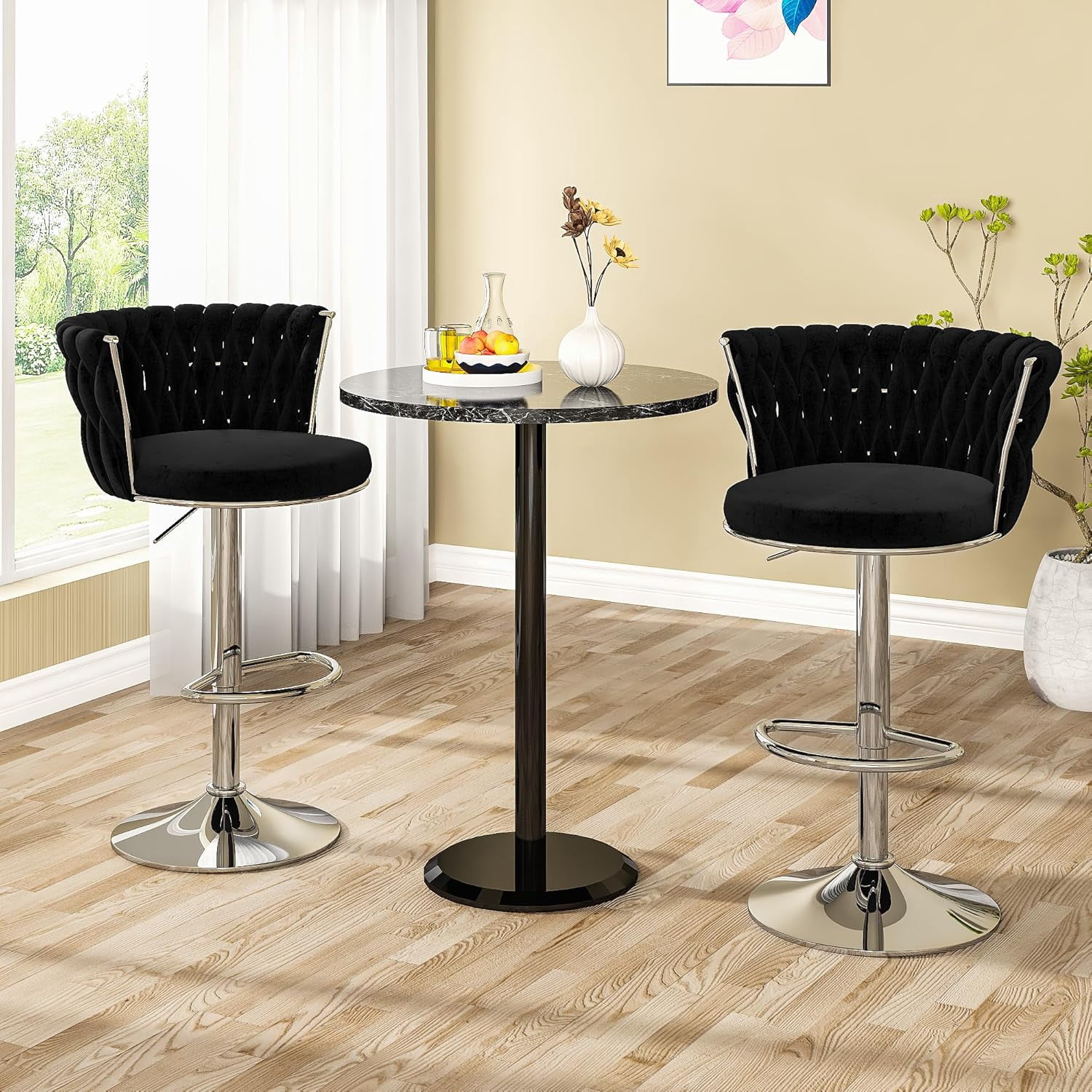 LinkRomat Velvet Bar Stools Set of 2,Swivel Counter Height Bar Stools with Backrest and Footrest,for Kitchen Island Dining Chairs,Black