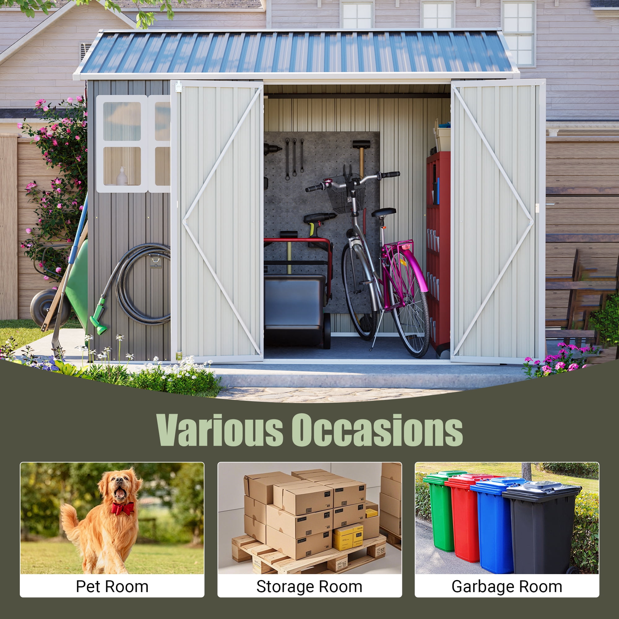 LZBEITEM 8' x 6' Outdoor Storage Shed with Window & Lockable Doors, Metal Garden Tool Shed with 4 Air Vents & Ground Nails, Waterproof Backyard Storage House for Patio Lawn, Gray
