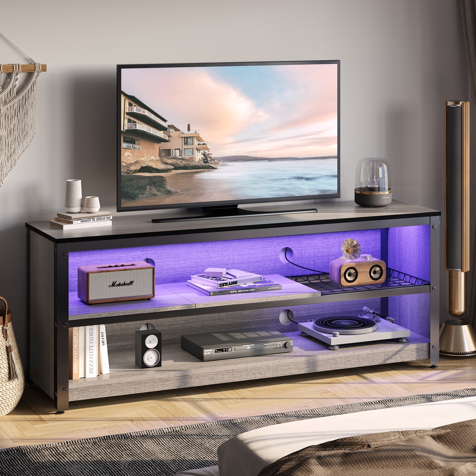 Bestier LED TV Stand for 50 55 60 Inch TV, Modern Entertainment Center Media Console with Adjustable Shelf for Living Room Bedroom, Gray