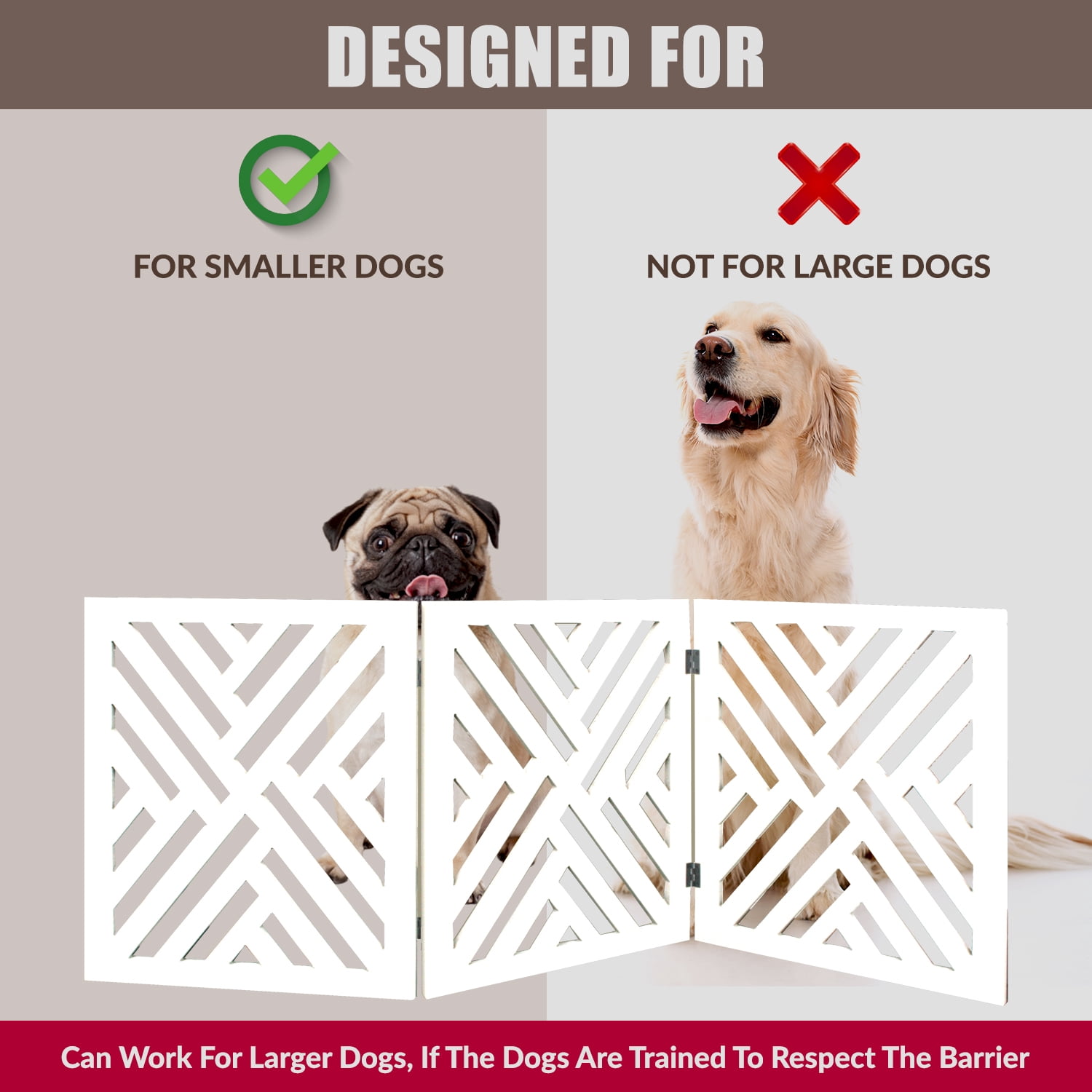 Bundaloo Freestanding Dog Gate Expandable Decorative Wooden Fence for Small to Medium Pet Dogs, Barrier for Stairs, Doorways, & Hallways (White Lattice)