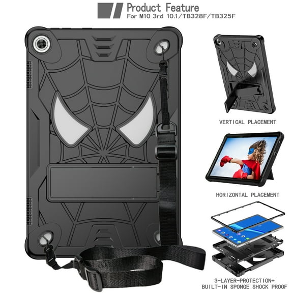 Allytech Case for Lenovo Tab M10 3rd Gen 10.1 inch 2022, Rugged Case with Hidden Kickstand & Adjustable Shoulder Strap, Thickned Silicon Edges Shockproof Case - Black