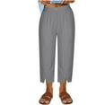 thumbnail image 2 of Lenpel Capri Pants for Women Lightweight Elastic High Waisted Split Hem Wide Leg Cotton Linen Pants Casual Cropped Trousers, 2 of 5