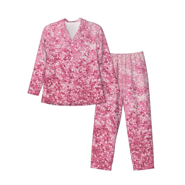 Fotbe Pink Glitter Pijama de Hombre con Estampado de Manga Larga, Conjunto de 2 Piezas, Ropa de Dormir Suave y Cómoda con Bolsillos-Large