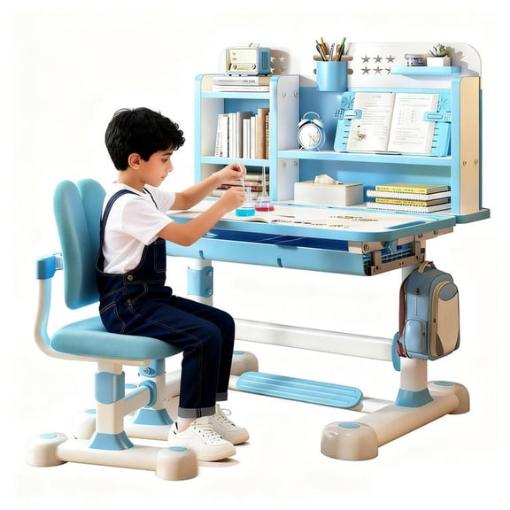 YNCE Kids Desk and Chair Set, Height Adjustable Kids Desk with Chair, Kid School Study Desk and Chair Set with Sitting Corrector, Ergonomic Desk Chair with Book Stand, Foot Pedal
