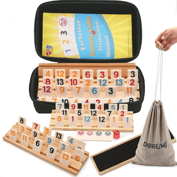 Rummy Cube 4 Player Edition with 4 Wooden Racks,108 Tiles Rummy Cube Game Original with Portable Case，Drawstring Bag Rummy Game Large Number Rummy Tiles Travel Game Set for Family Classic Board Games