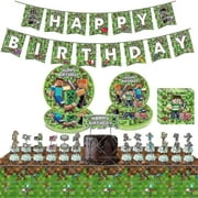 Minecraft Game Theme Birthday Party Supplies For Kids Includes Banner Tablecloth Plates Napkins Cupcake Toppers Decor Set