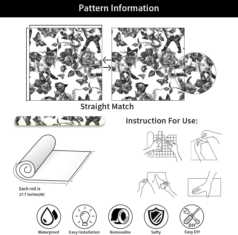 Black White Vintage Floral Cat Animals Butterfly Peel and Stick Wallpaper Self Adhesive Removable Easy Peel Off Contact Paper Stick on Wall Paper for Bedroom Cabinet Renter Friendly